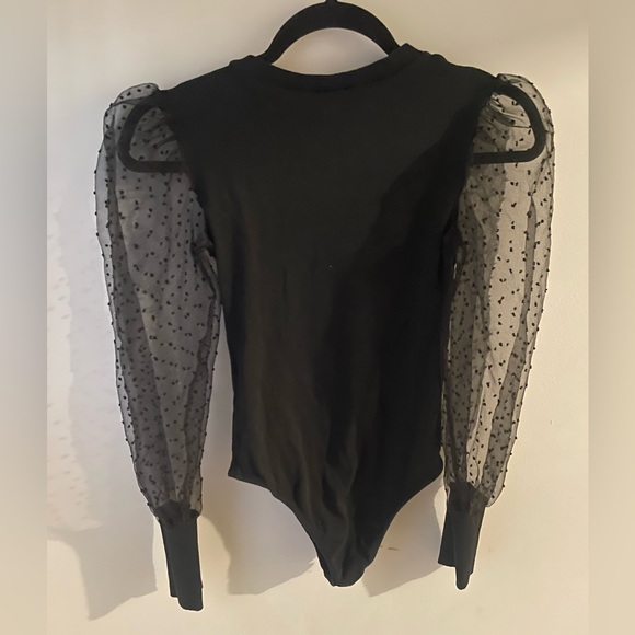 PrettyLittleThing Ribbed Bodysuit with Mesh Polka Dot Poof Sleeve M/L - Picture 5 of 5